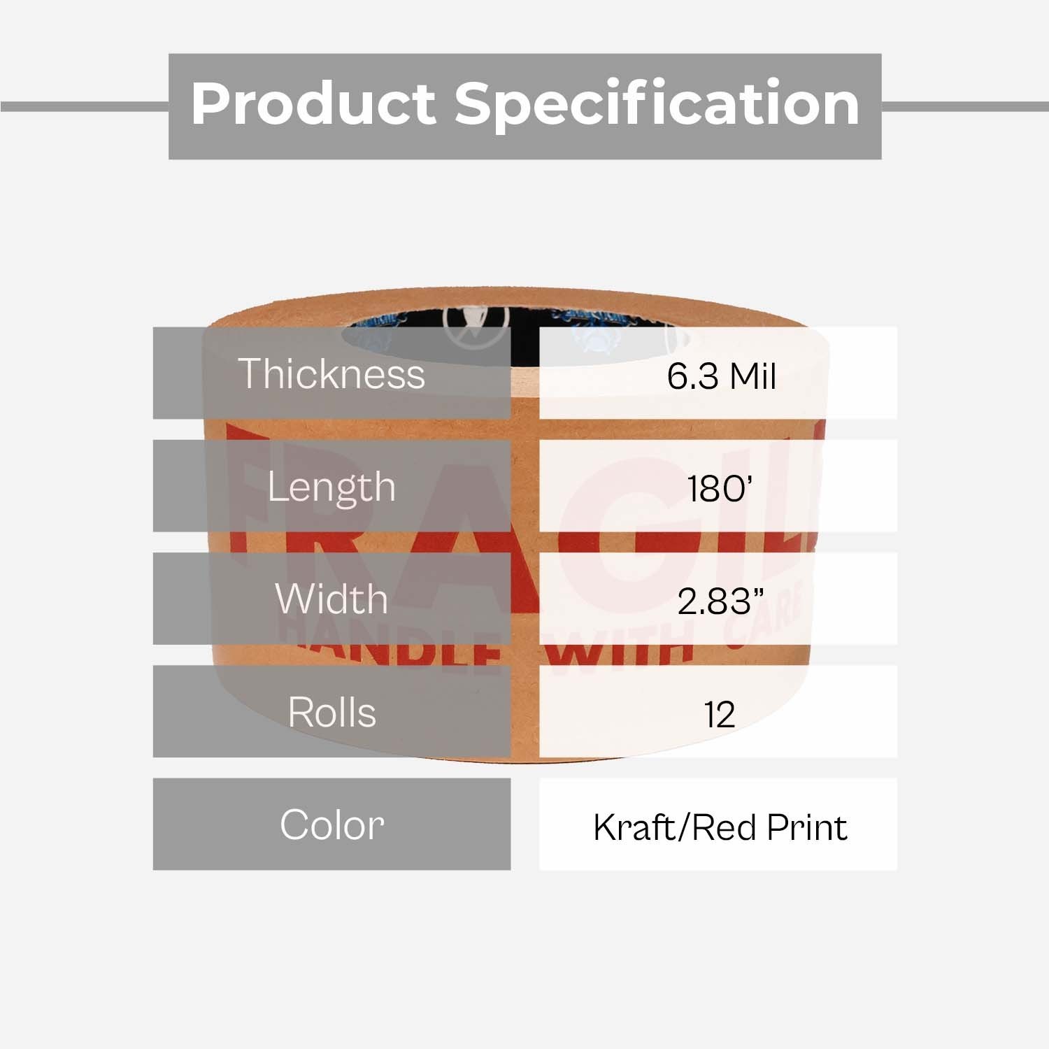 12 Rolls, Wolverine 50.0 Fragile Printed Kraft Gummed Tape, 2.83″ x 180′ 6.3 Mil
