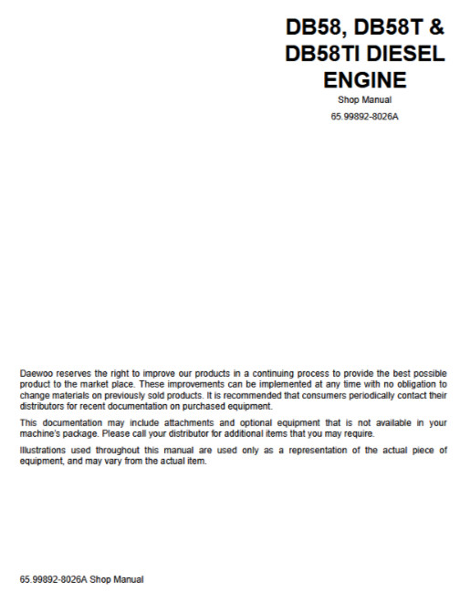 Daewoo Doosan Diesel Engine DB58 DB58T DB58TI Service Repair Manual PDF USB