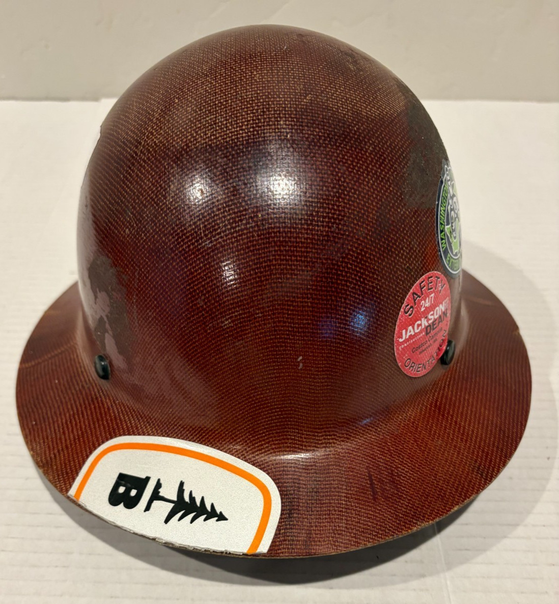 MSA Skull Gard Full Brim Brown Hard Hat w/Union Construction Decals Used w/Wear