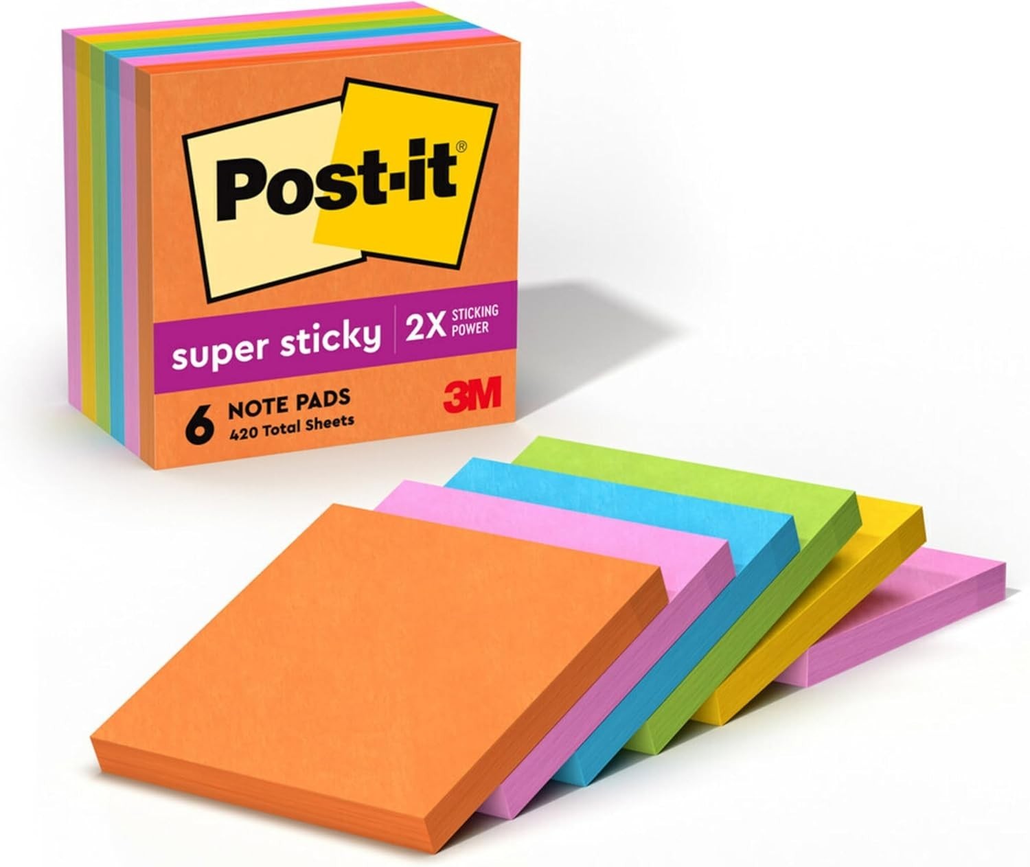 Post-it Super Sticky Notes, 3 in X 3 In, 6 Pads, 2x the Sticking Powe