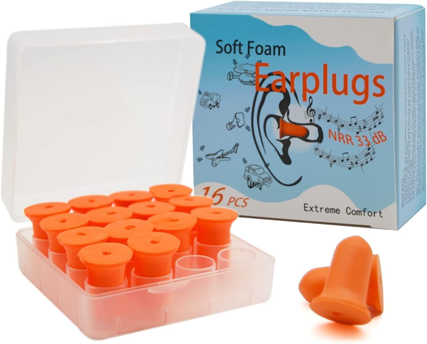 Comfortable & Lightweight Earplugs – Highest NRR 33dB, 16 Pack for Everyday Use