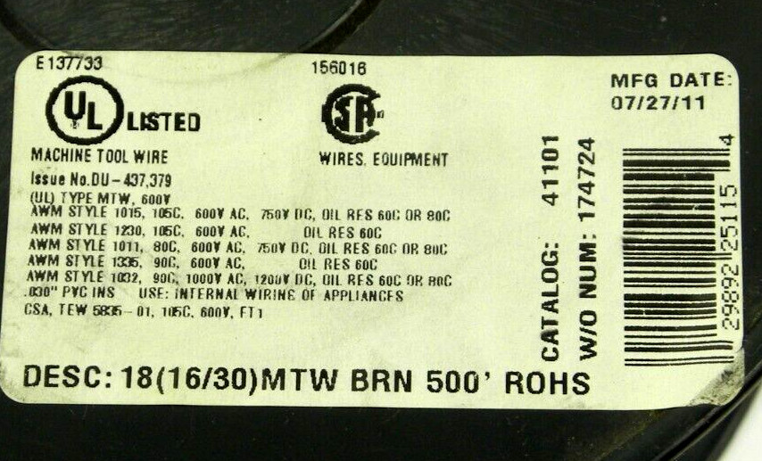 500′ 18 AWG (16/30) MTW BROWN 600V COPPER STRANDED MACHINE WIRE ROHS E137733 HR