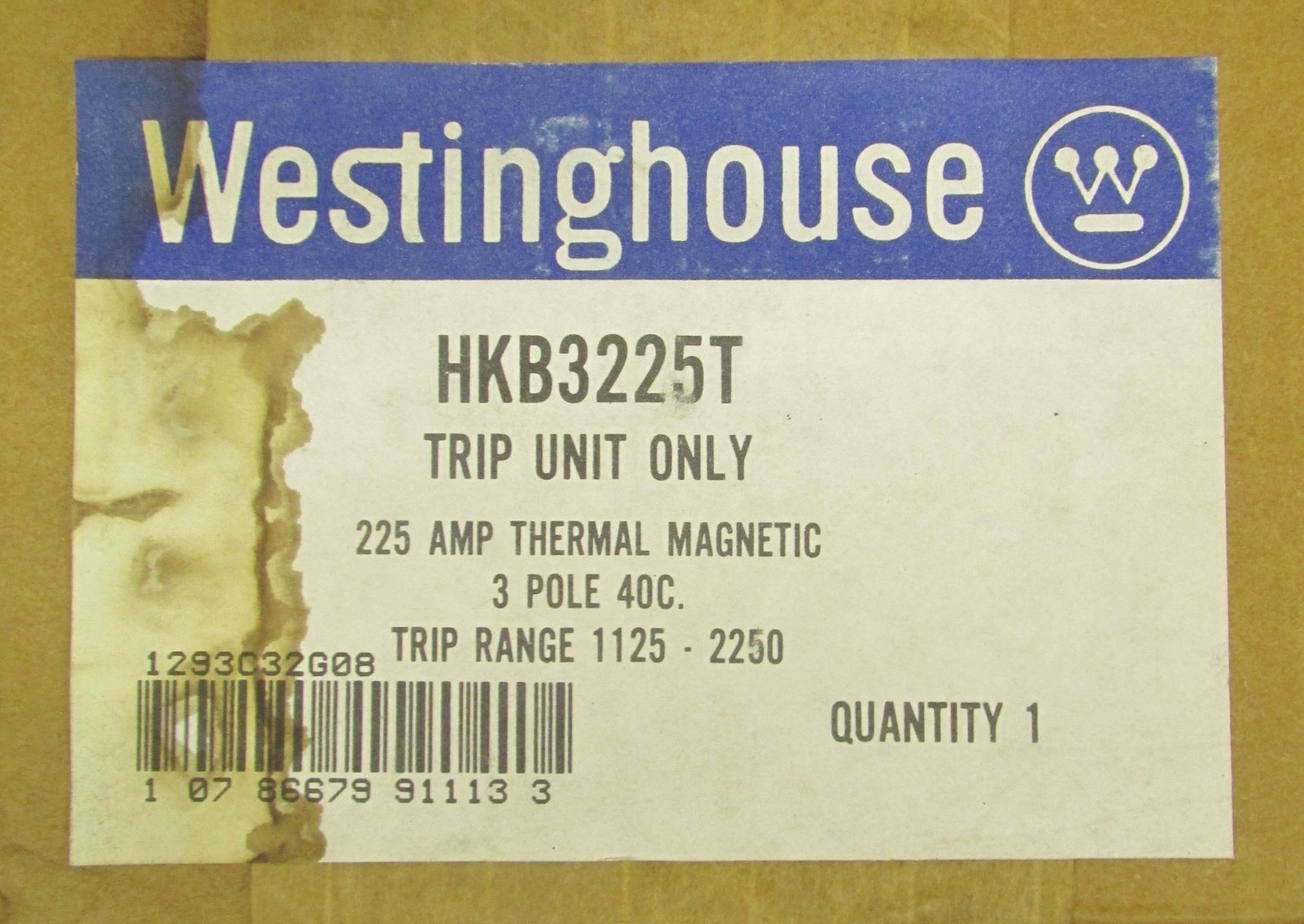 WESTINGHOUSE CUTLER HAMMER HKB3225T HKB KB Trip Unit 3 POLE 225 AMP 1293C32G08