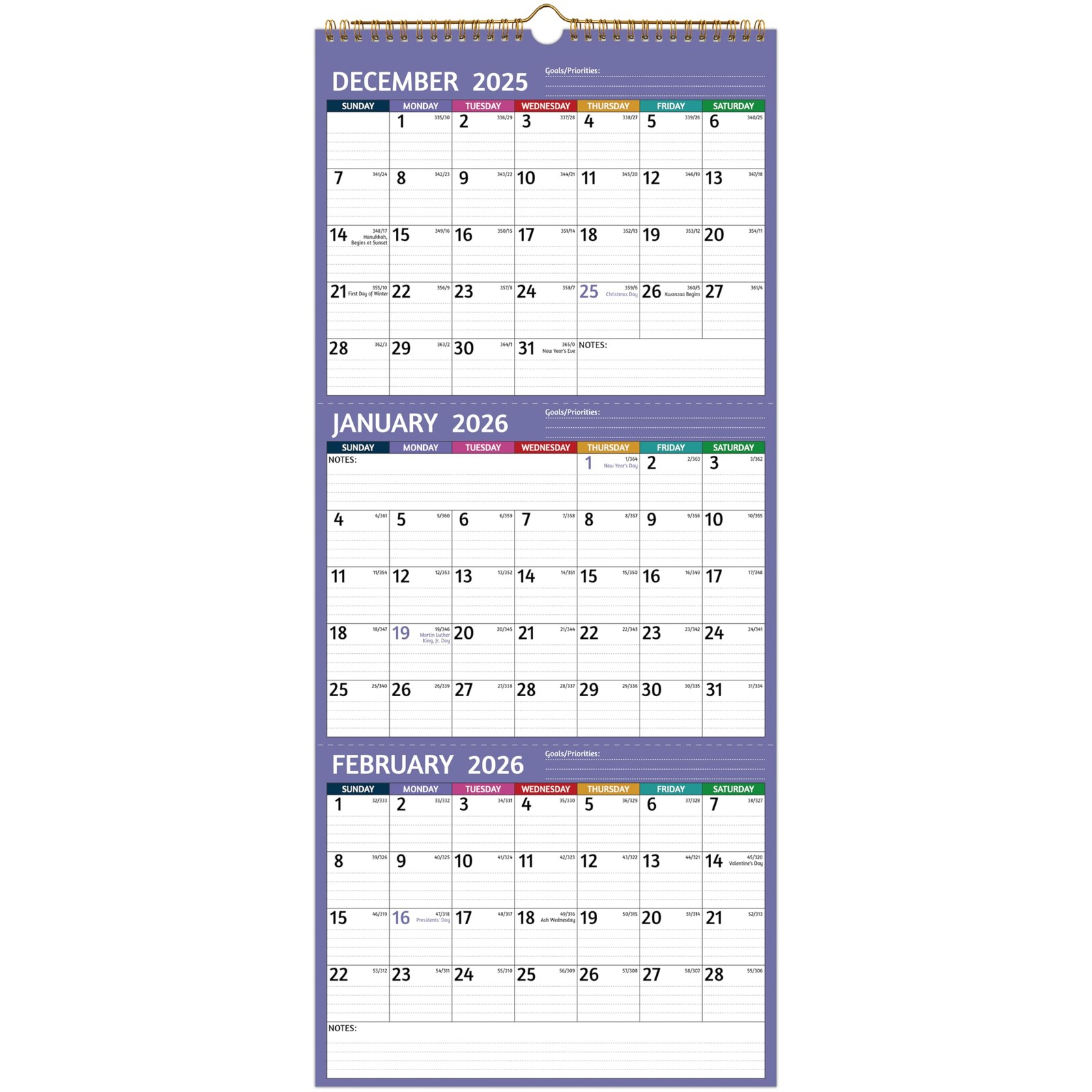 2026 Wall Calendar – 3 Month 2026 Vertical, Jan 2026 – Dec 2026, 3…