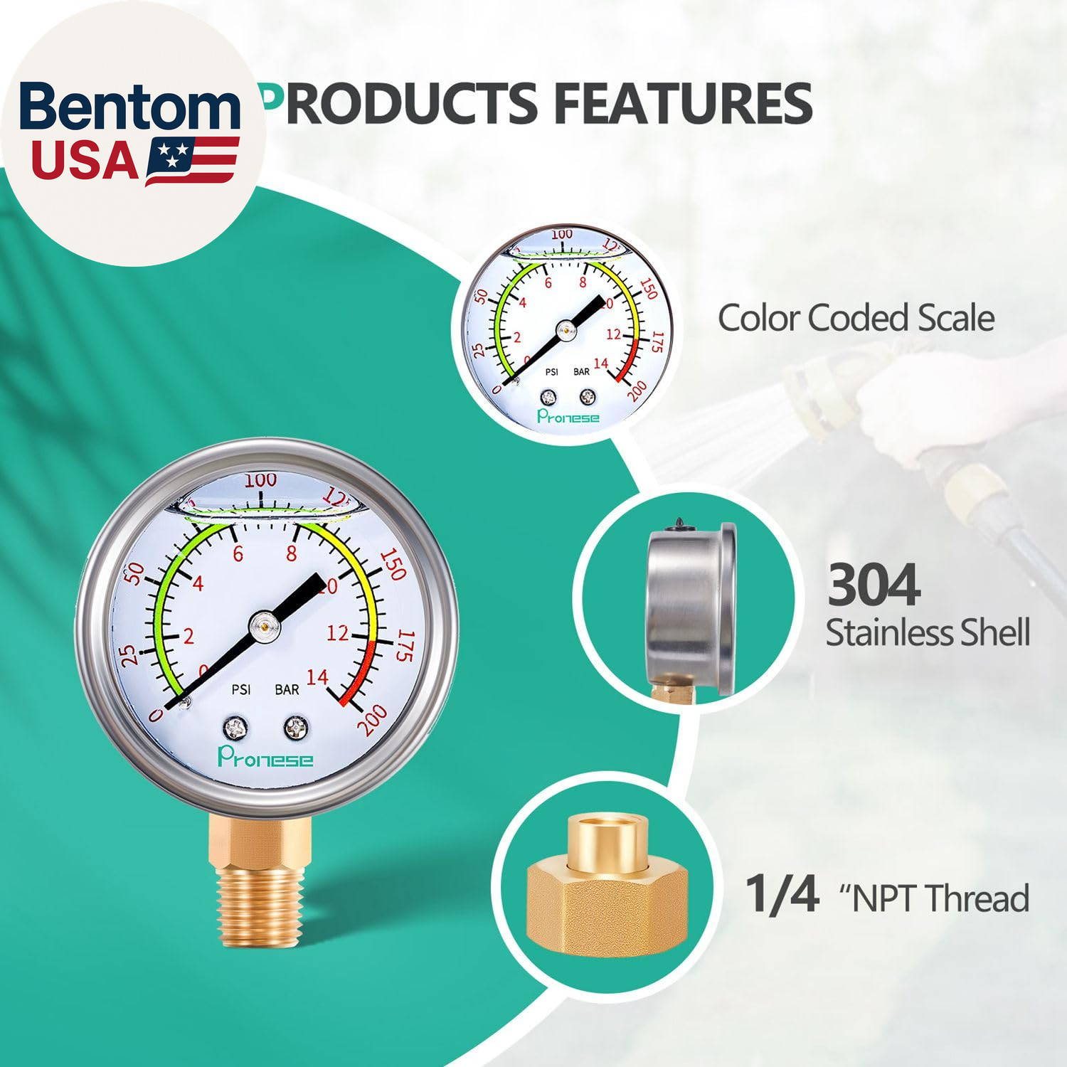 Stainless Steel Water Test Pressure Gauge Kit 2″ Dial Size,Gauge+12″ EPDM Rubber