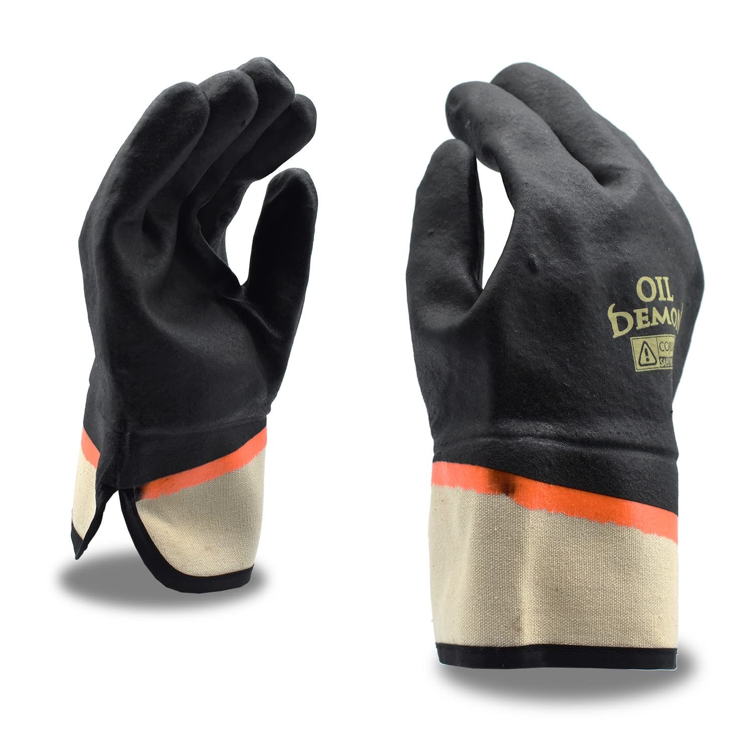Cordova 5300J Oil Demon Black/Orange Double Dipped PVC Gloves, Sandy Finish, Jer