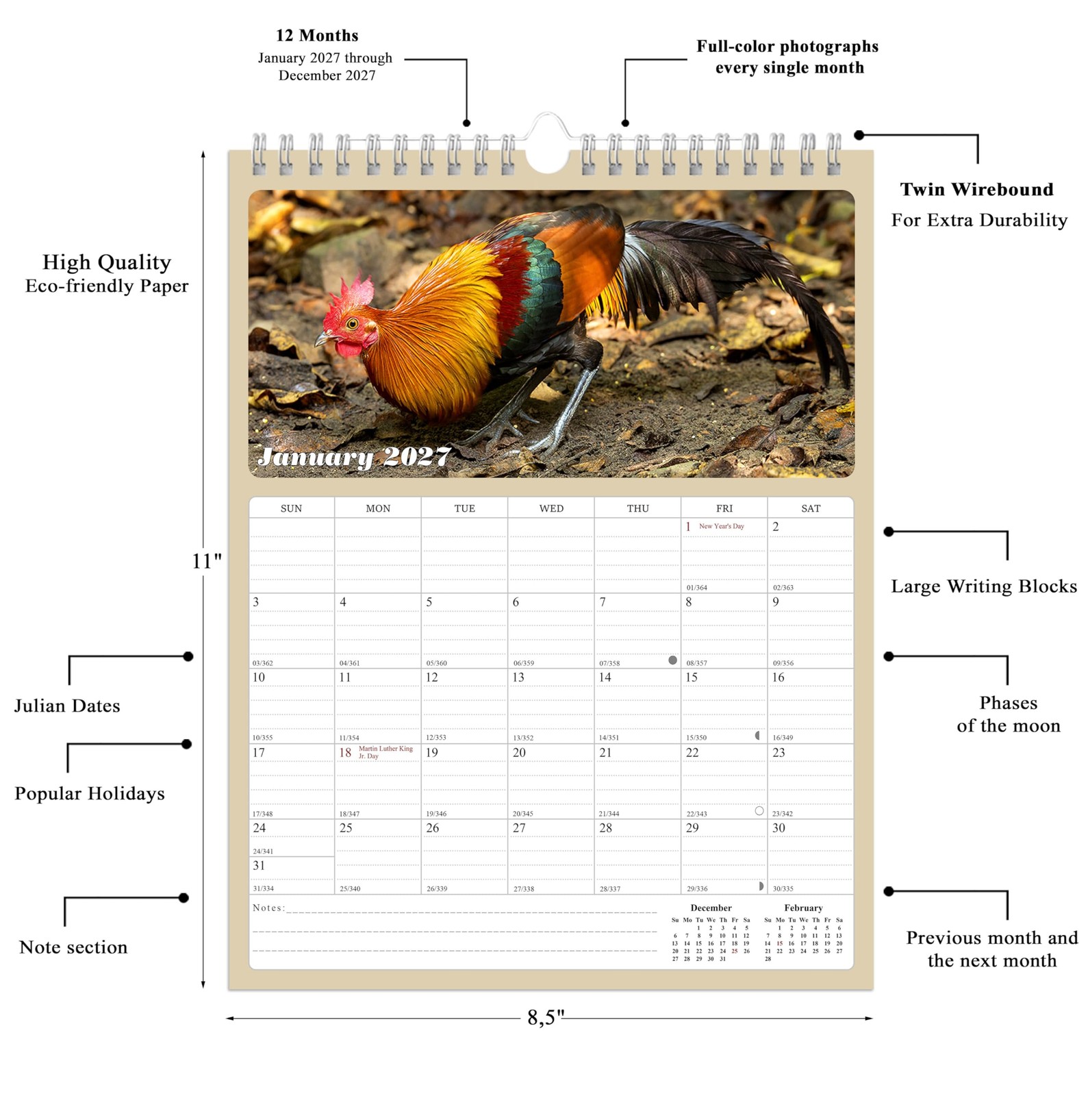 2027 Wall Calendar Spiral-bound Twin-Wire Binding – 12 Months multicolor