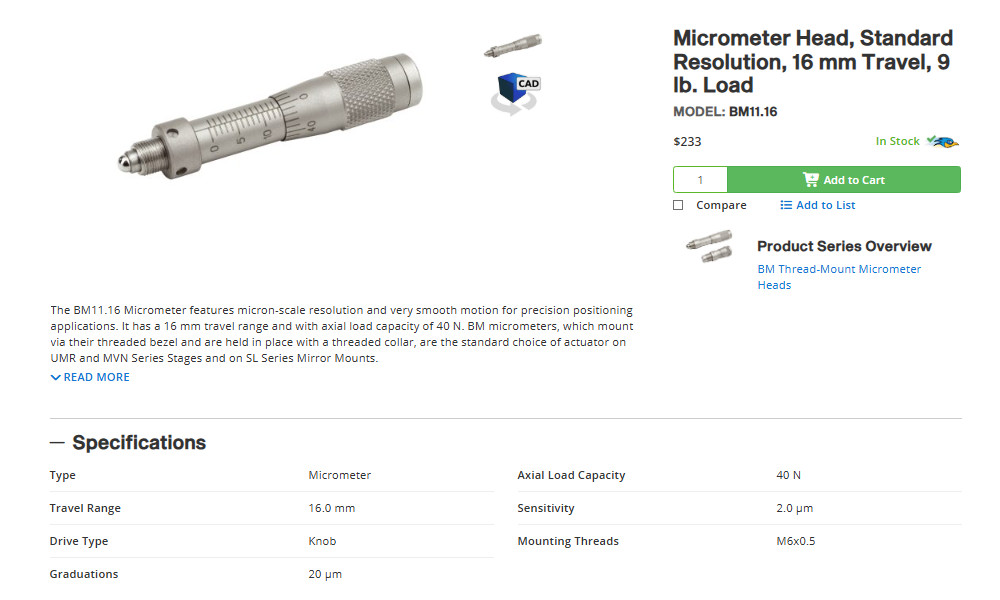 Newport UMR5.16 Linear Stage, Double-Row BBs, 0.63 in., BM11.16 Micromometer
