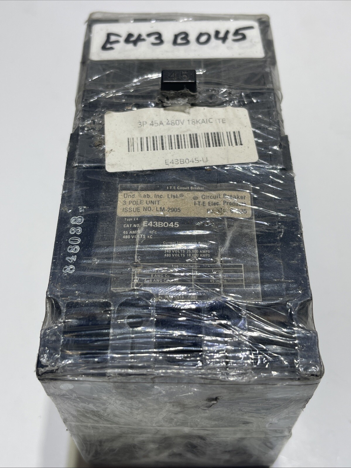 ITE Circuit Breaker E43B045 45 Amps 3 Pole 480V