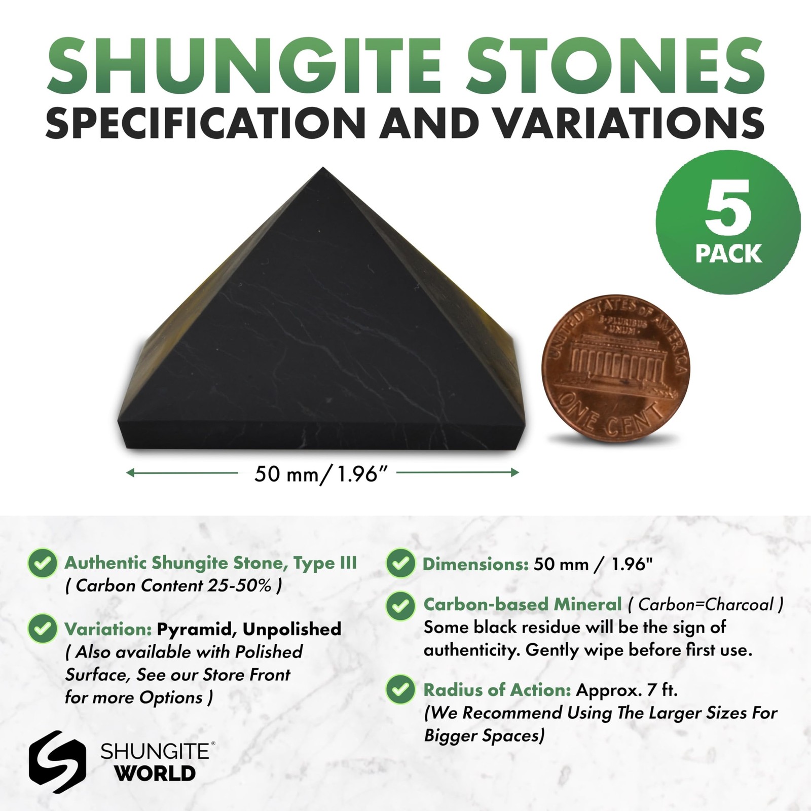 Shungite World 5pc Authentic Pyramid Unpolished 50mm Chakra Healing EMF Protect