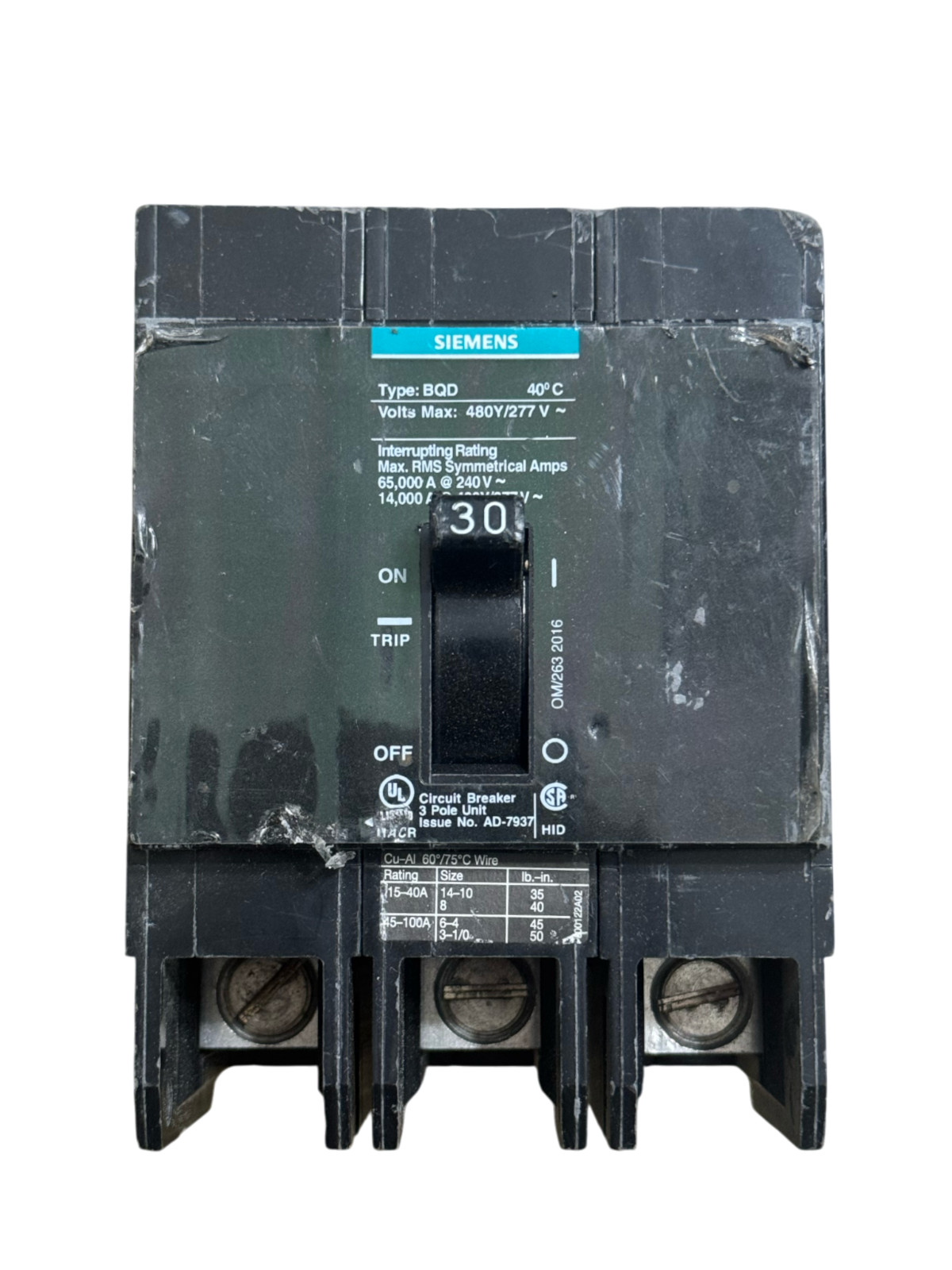 Siemens BQD330 Molded Case Circuit Breaker | 30A | 3-Pole | 480Y/277V | Bolt-On