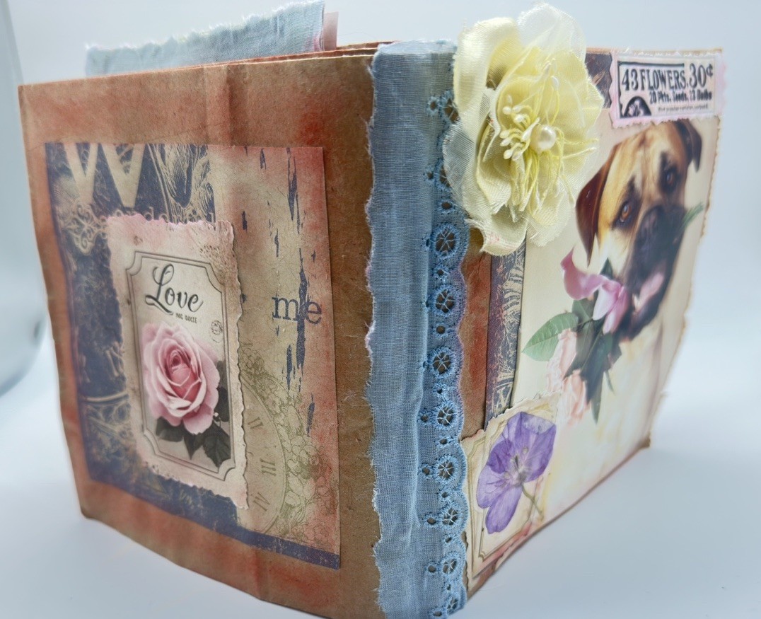 Hand Made Junk Journal Doggy And Yellow Flower. Medium Is Brown Paper Bags