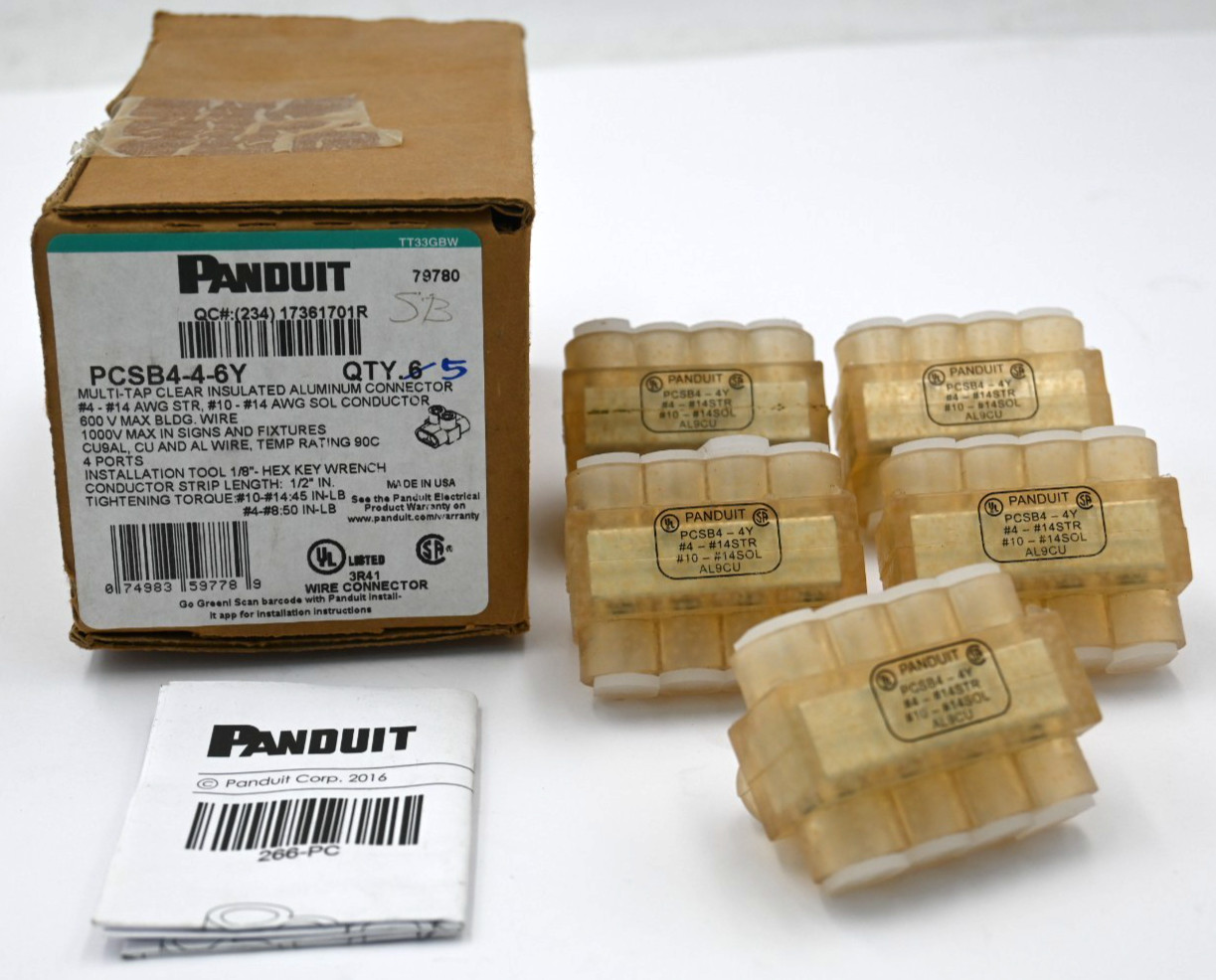 PANDUIT PCSB4-4-6Y MULTI-TAP CLEAR INSULATED ALUMINUM CONNECTOR BLOCK BOX OF 5