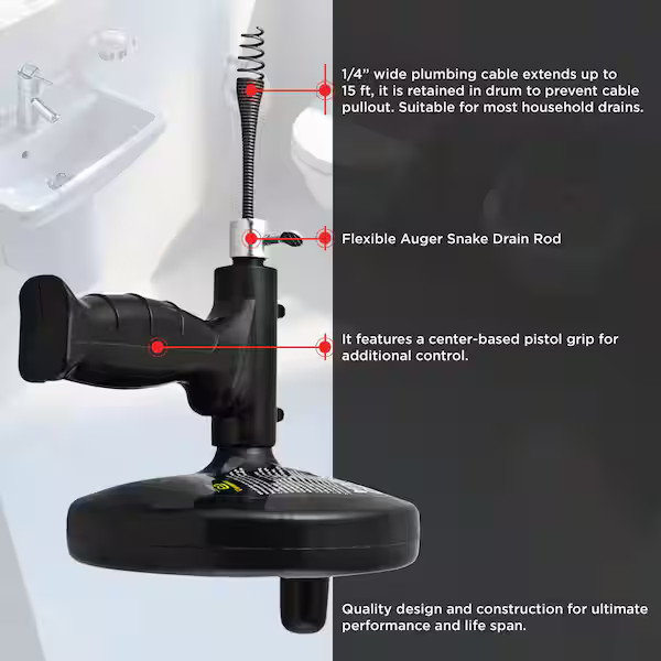 15 ft. Drum Auger Steel Plumbing Drain Snake with Drain Cleaning Cable