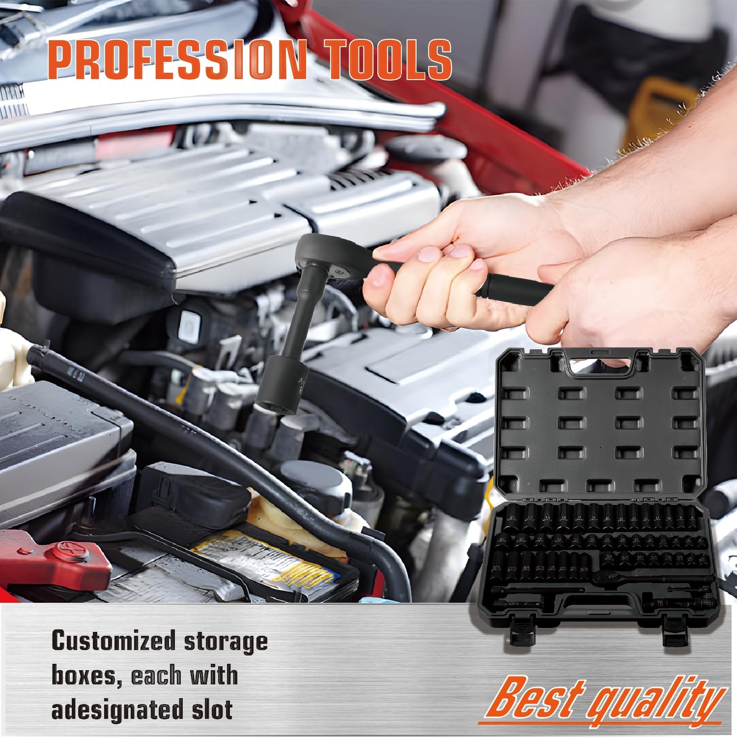 3/8″ Drive Impact Socket Set 50-Piece, SAE 50-Piece Set, Black