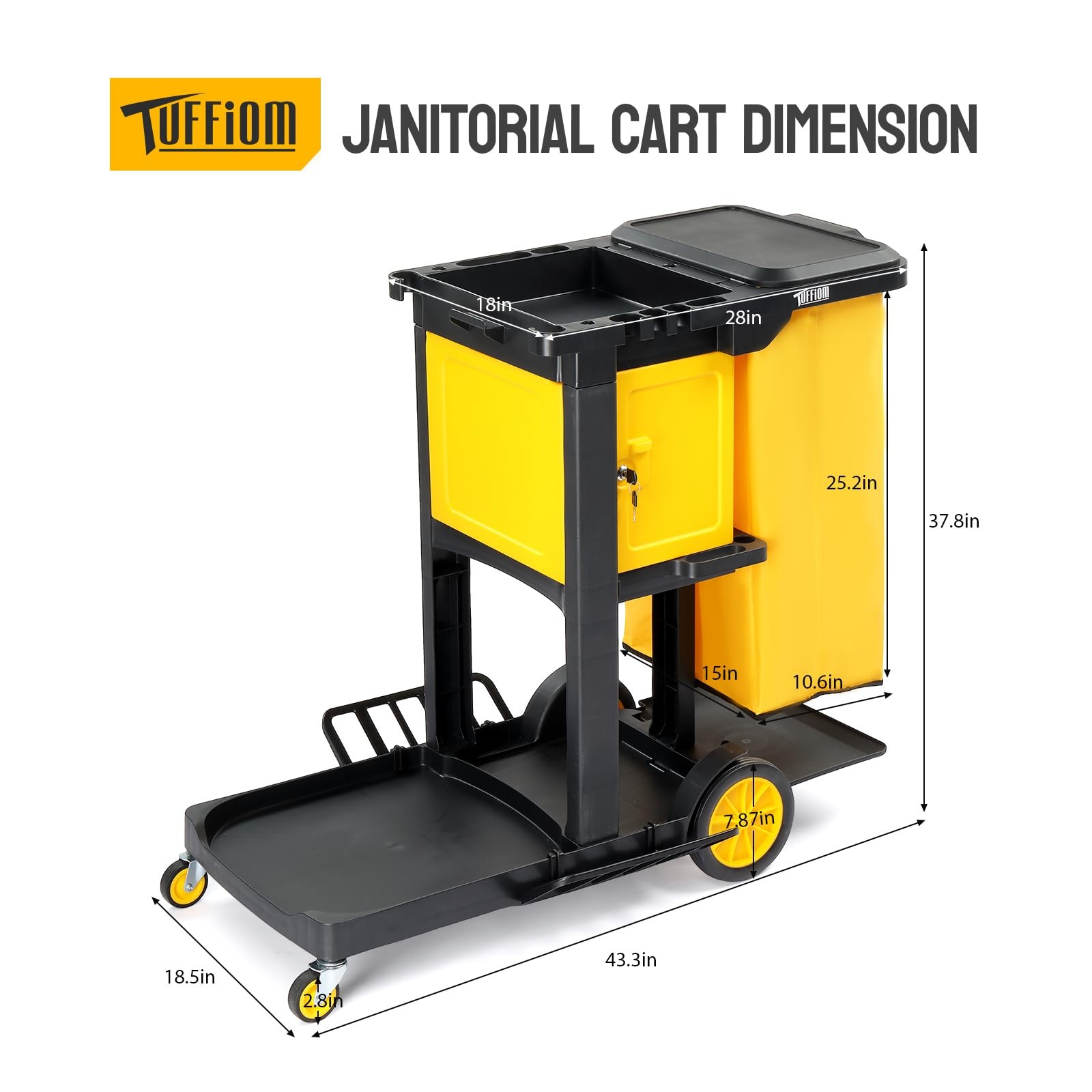 TUFFIOM 3-Shelf Janitorial Cart with Key-Locking Cabinet, Black/Yellow Vinyl Bag