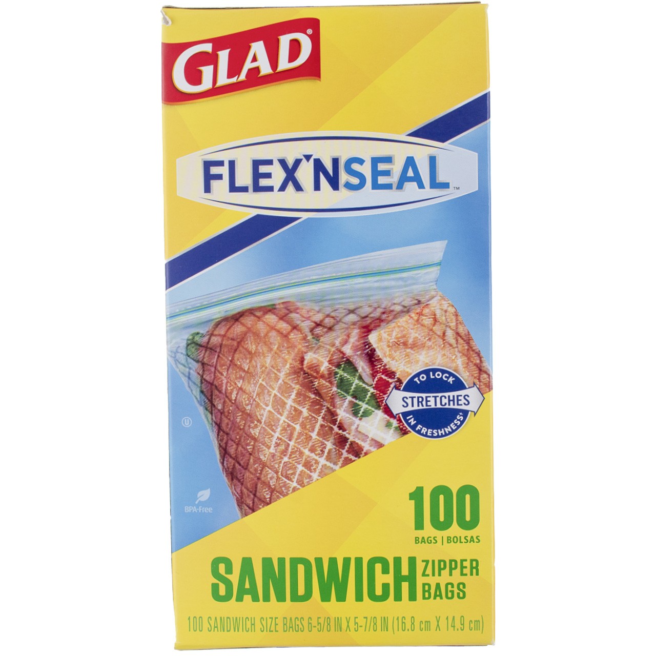 4 Pack Glad FLEX N SEAL Sandwich Zipper Bags, 16.8 cm X 14.9 cm, 12 oz, 100 Ct