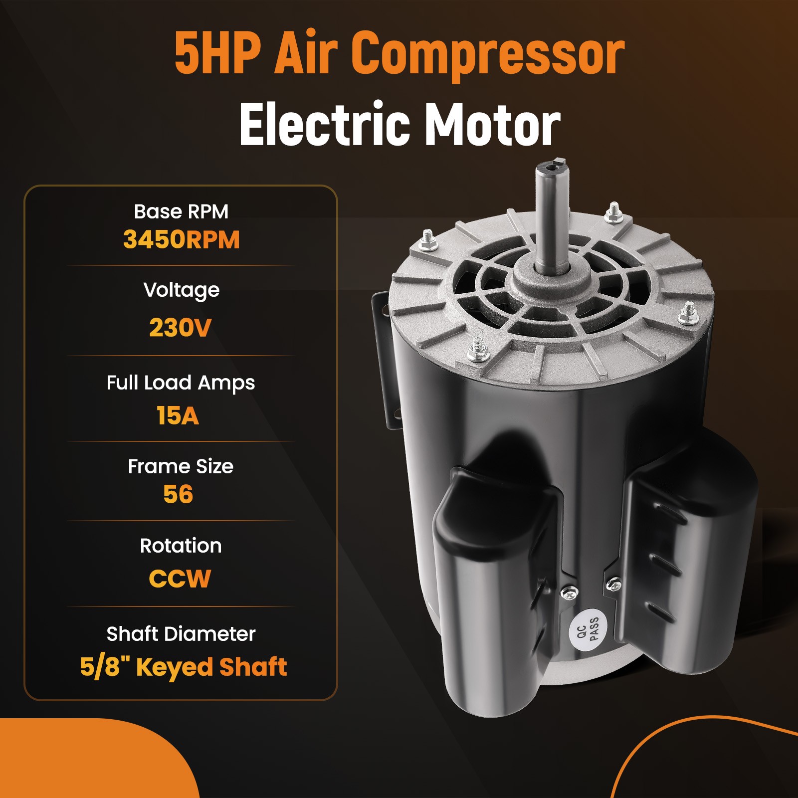 5HP SPL Air Compressor Motor 230V 3450RPM 56 Frame CCW Rotation 5/8″ Keyed Shaft