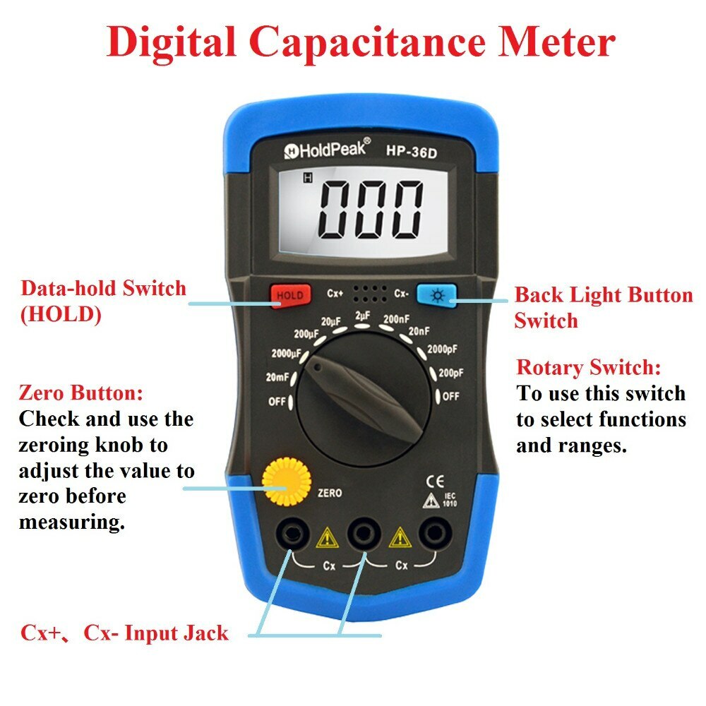 Multimeter Digital Capacitance Meter 20000uF 1999 Counts Backlit LCD Data Hold