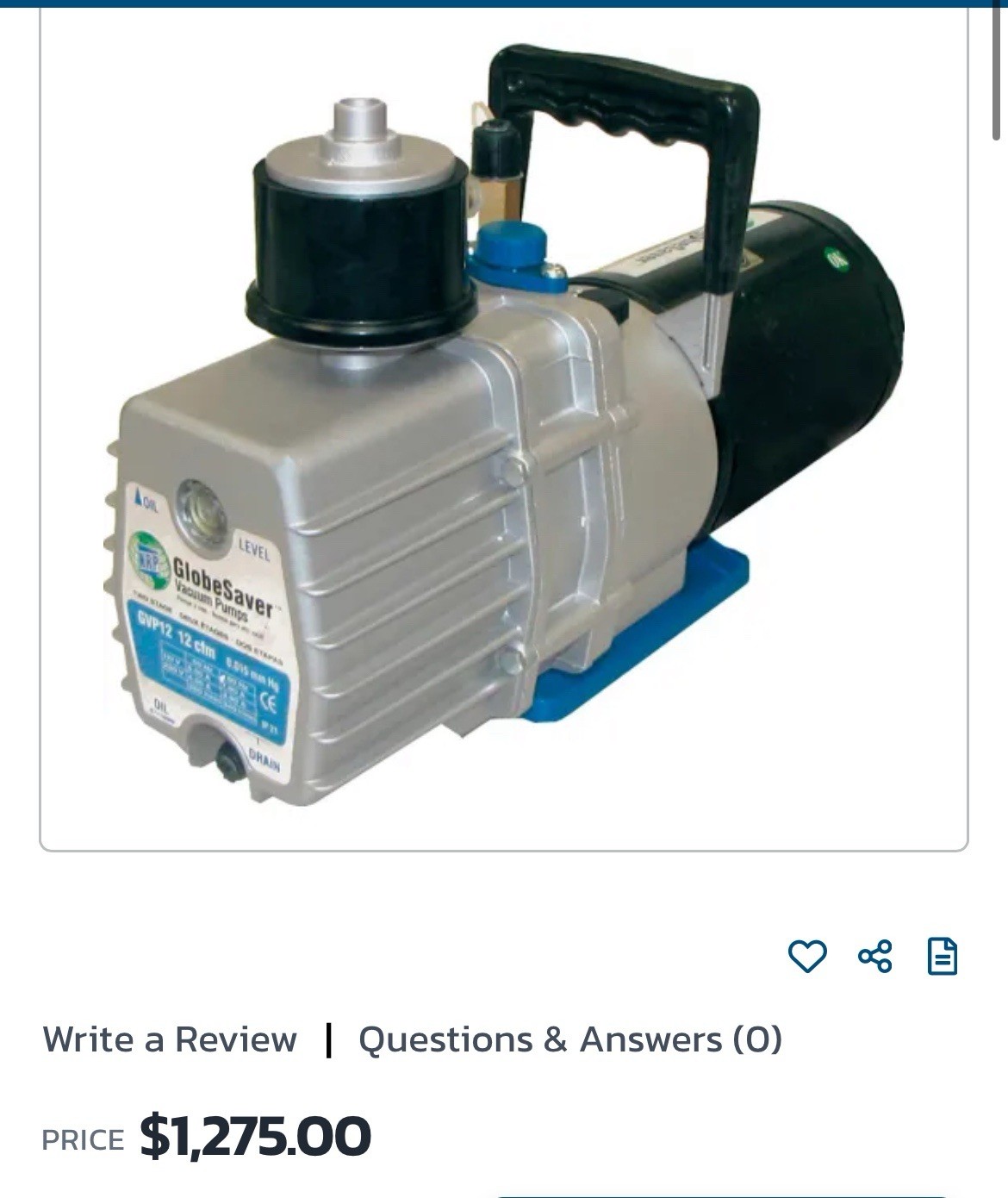 GVP12 GlobeSaver High Vacuum Pump 2 Stage IP 54 With Cord