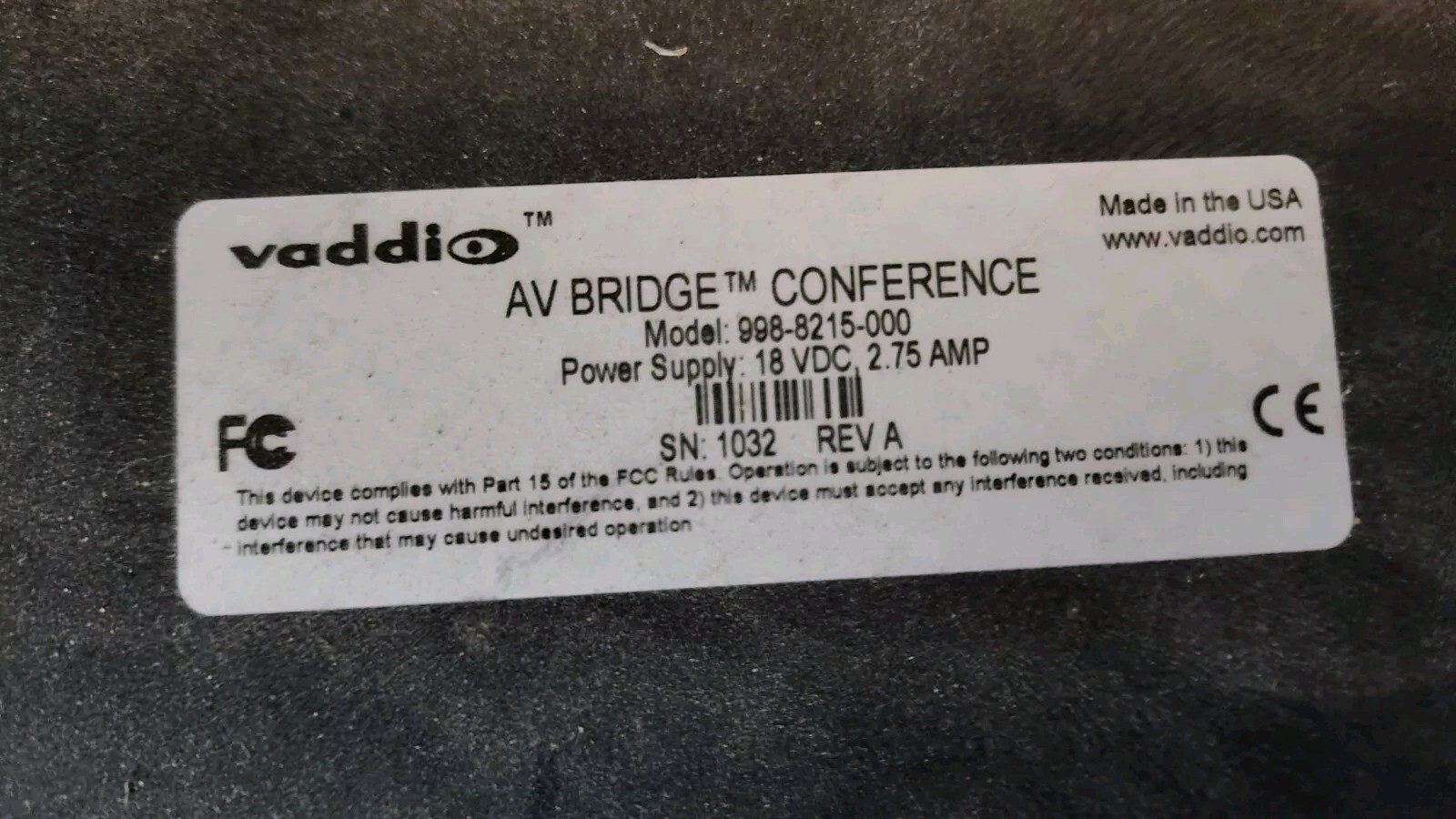 Vaddio AV Bridge Conference HDMI 998-8215-000 w Out/Power Adapter