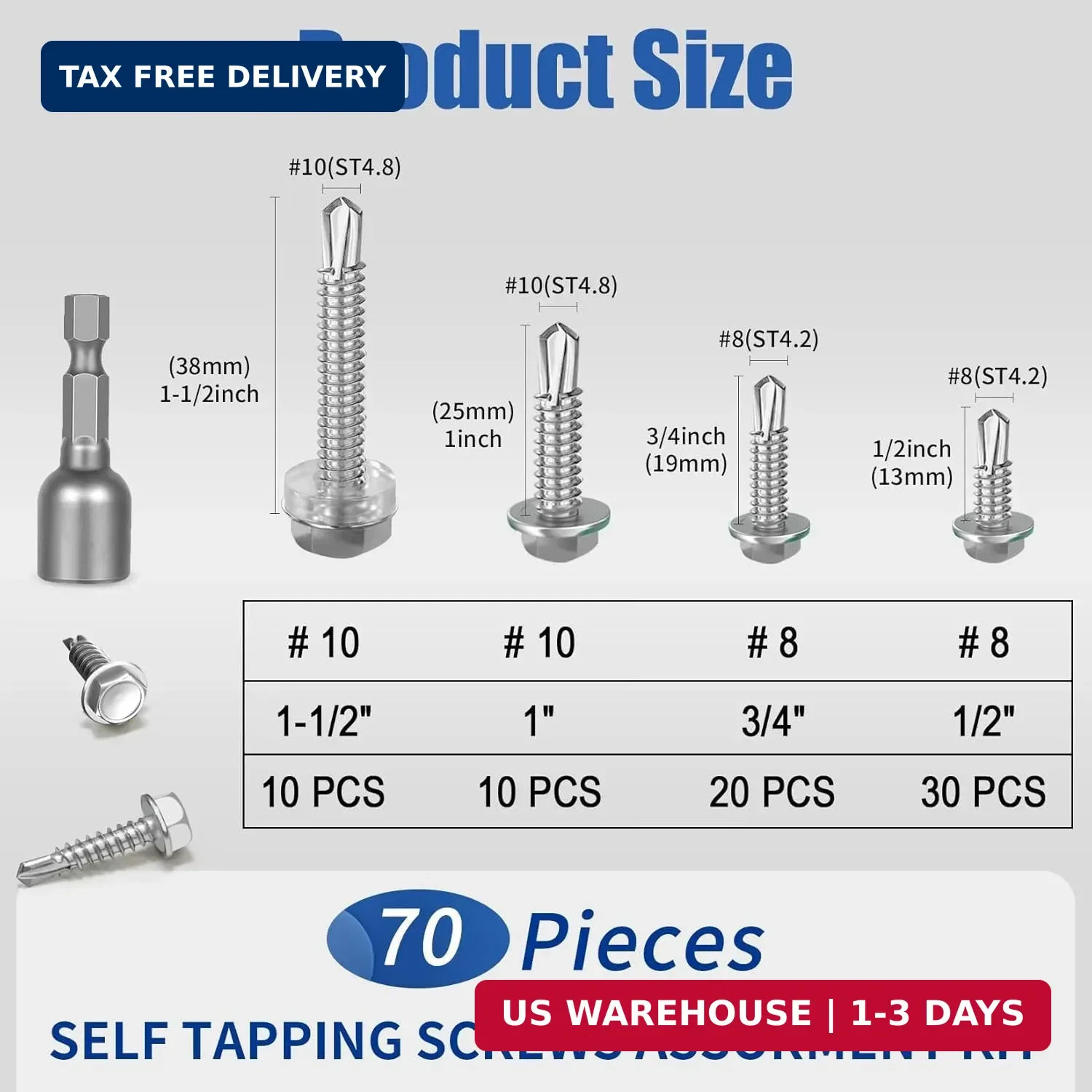 70Pcs #8#10 Hex Washer Head Self Tapping Screws 410 Stainless Steel Self Drillin