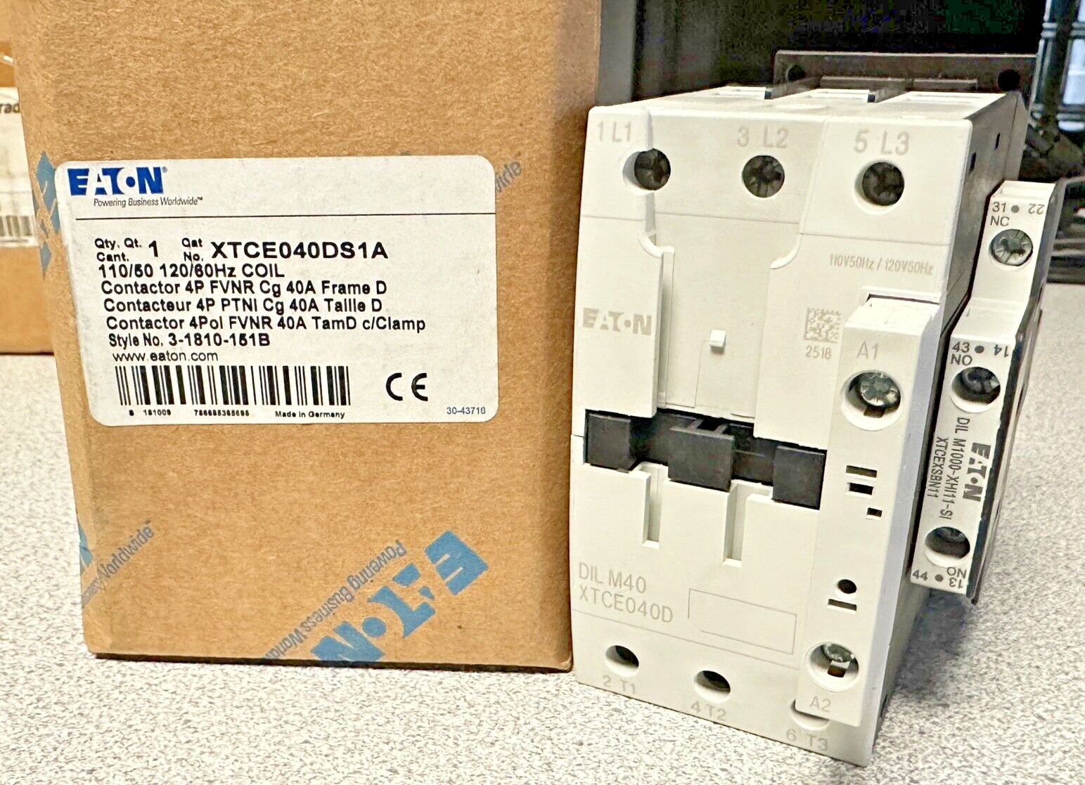 NEW Eaton XTCE040DS1A Contactor 110-120V 50/60Hz Coil 3Pole Frame D 1NO 1NC FVNR