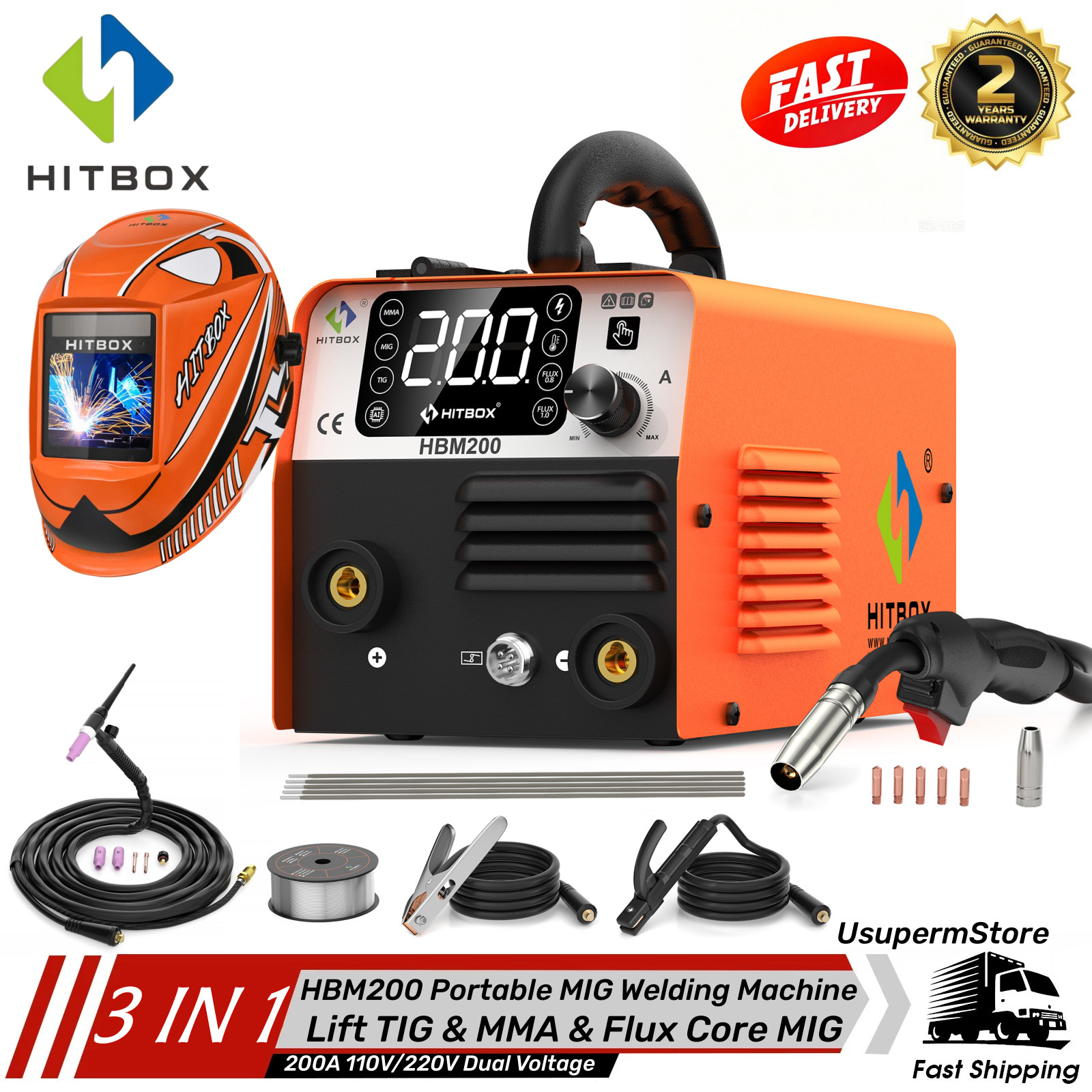 200A 110V/220V Gasless MIG Flux Core ARC/Lift TIG/MMA Welder &TIG Torch +Helmet
