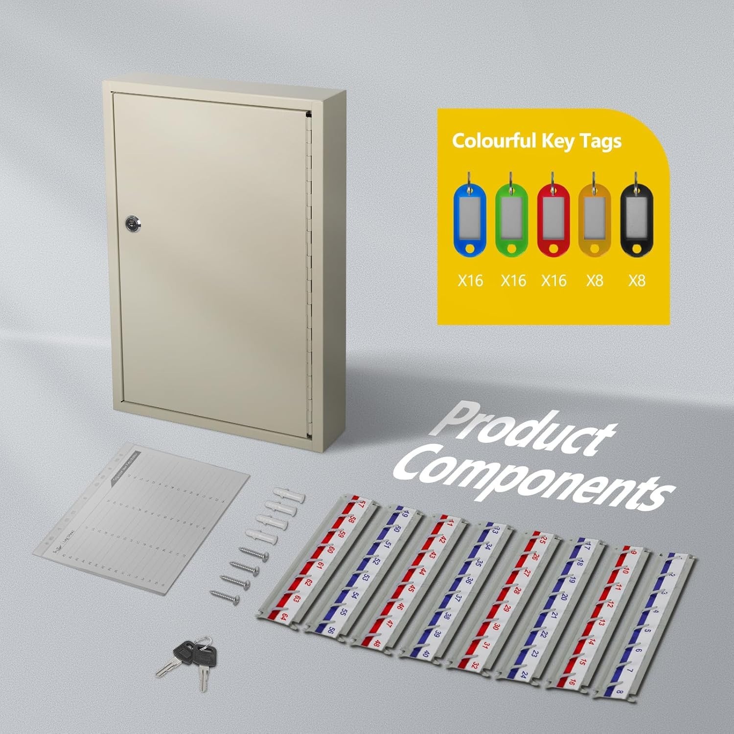 Key Box Cabinet, Wall Mount 64/100 Position Metal Locking Key Cabinet Organizer