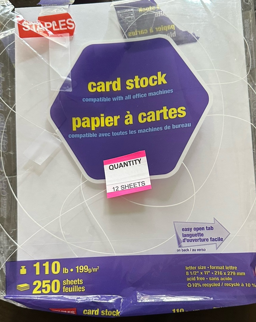 8.5″ x 11″ CARDSTOCK 110 lb PAPER WHITE – 12 SHEETS – NEW Staples Brand