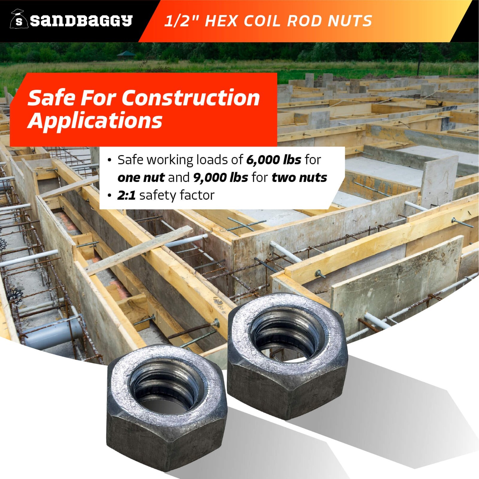 Sandbaggy 1/2″ Hex Coil Rod Nuts (Threaded) – Plain Steel