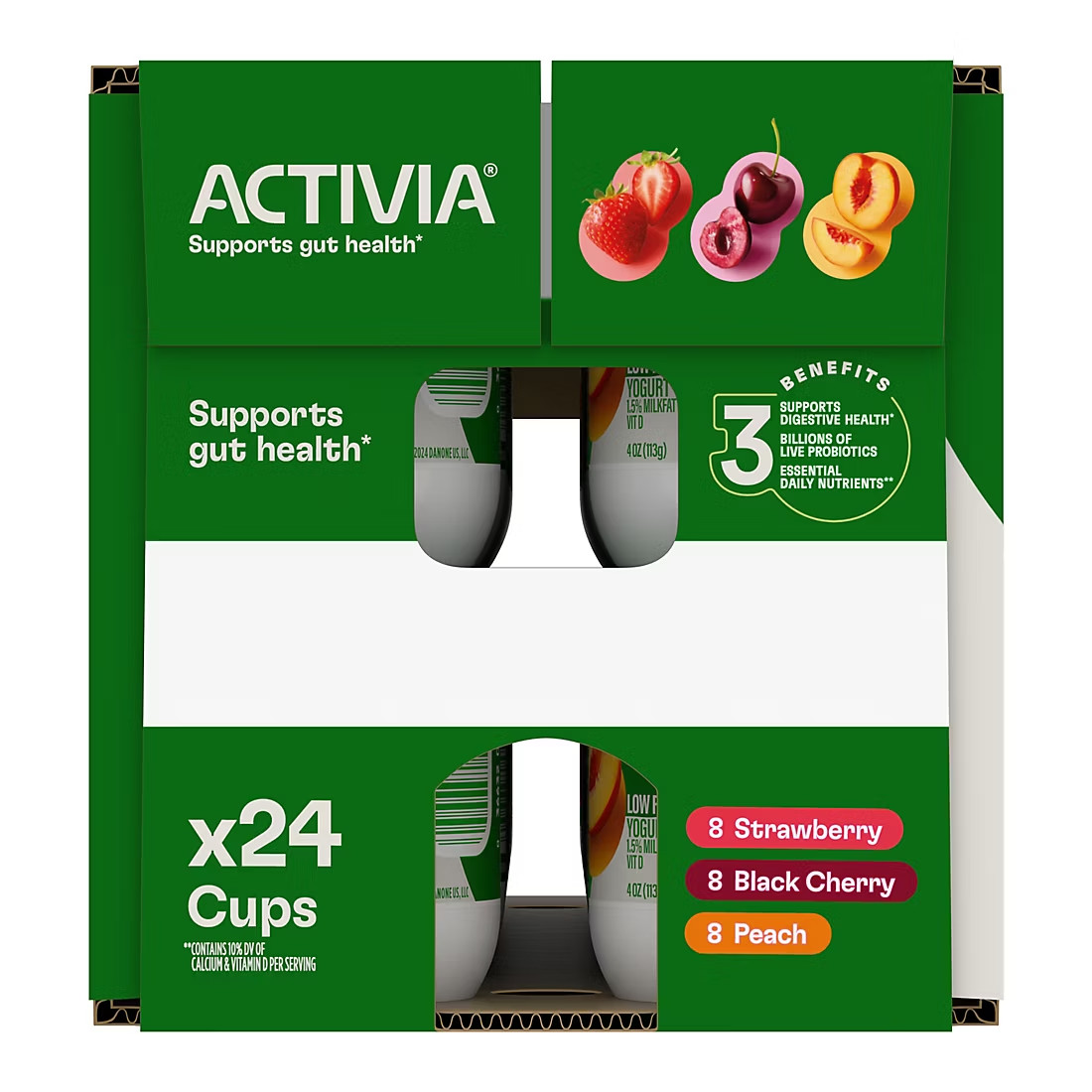 Dannon Activia Lowfat Yogurt Variety Pack, Strawberry, Black Cherry, Peach, 24 p