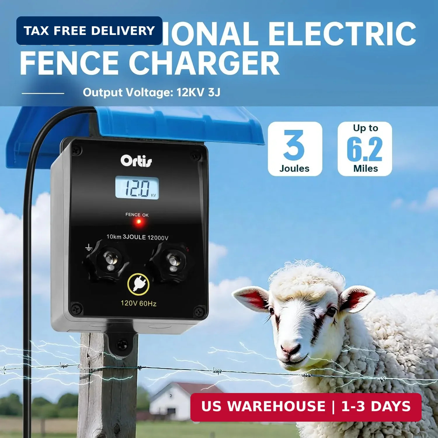 Electric Fence Energizer with LCD Display, Ortis 12,000V 3 Joules Electric Fence