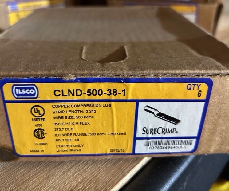 Box of 6 ILSCO CLND-500-38-1 Copper Compression Lug 500 kcmil Wire 3/8″ Bolt