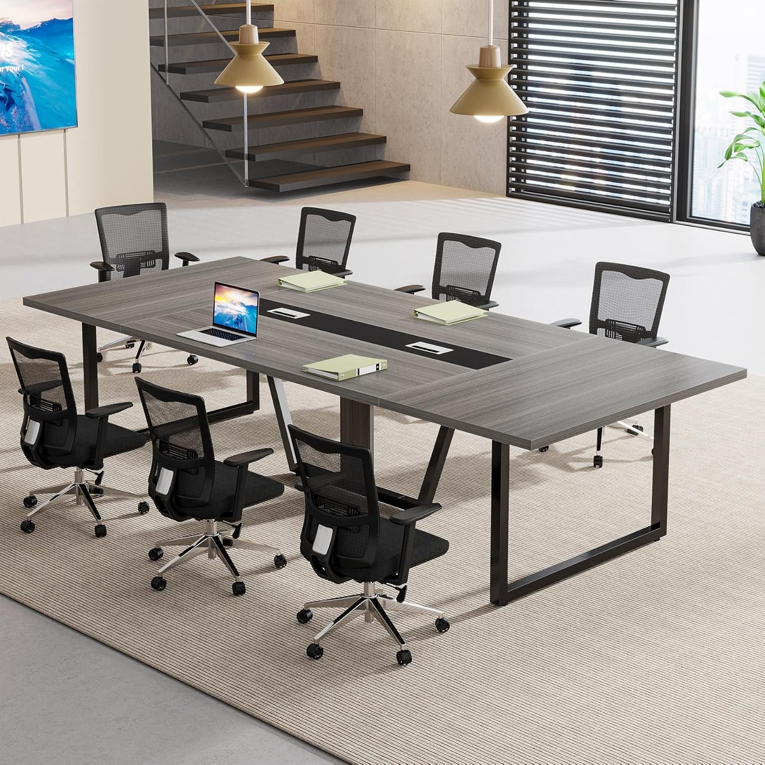 8ft Conference Table for 10 People Modern Large Meeting Podcast Table for Office