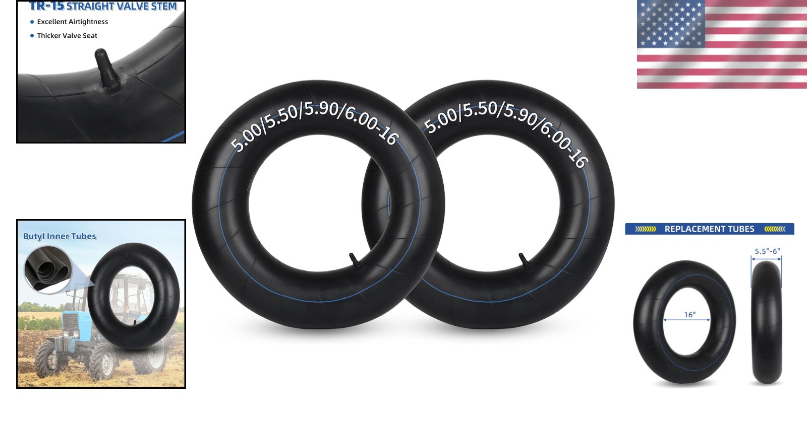 Universal Butyl Inner Tubes for Farm Tractors – 5.00/5.50/5.90/6.00-16 Sizes