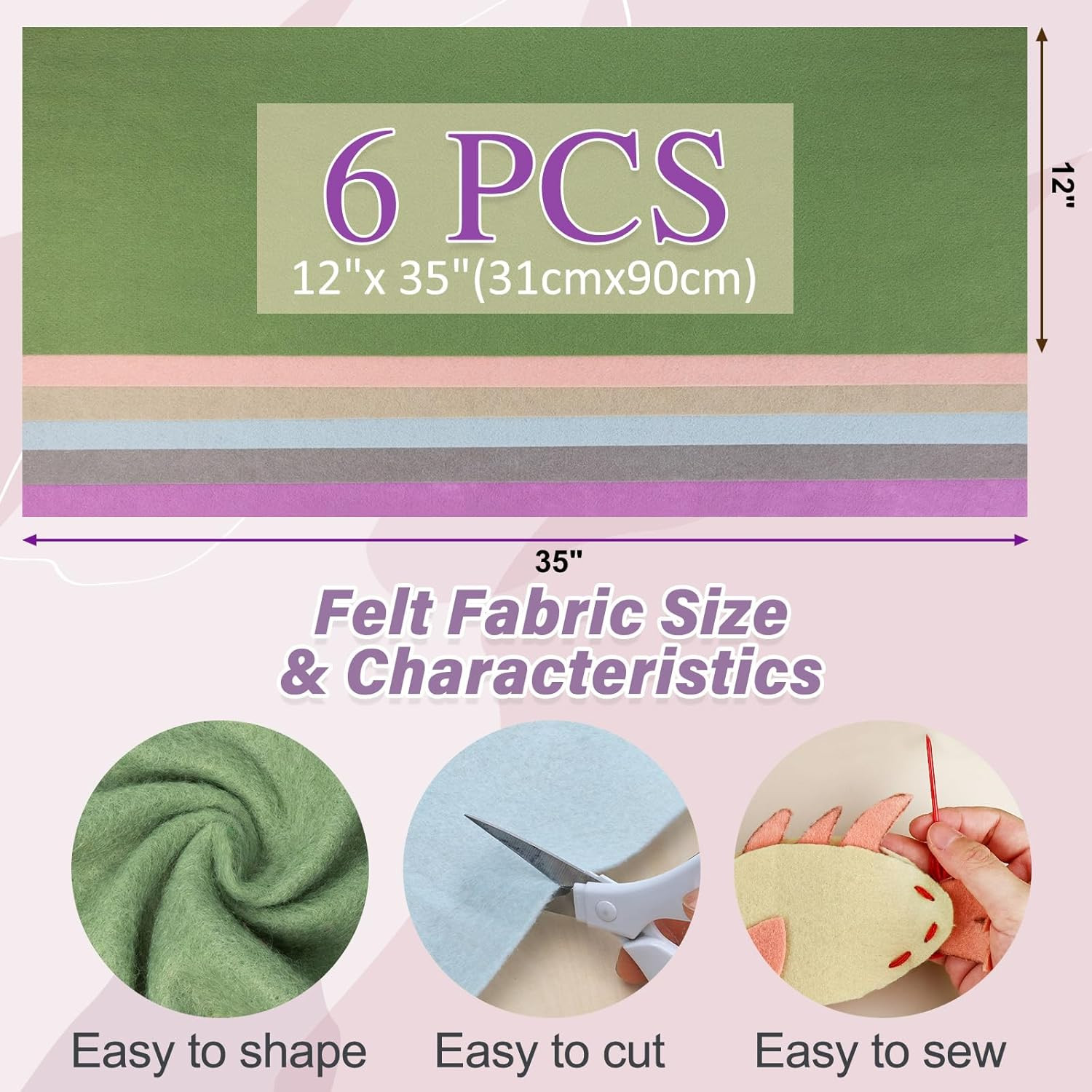 6 Rolls 12″X35″ 1.4Mm Thick Soft Felt Fabric Sheet 6 Assorted Morandi Series Col