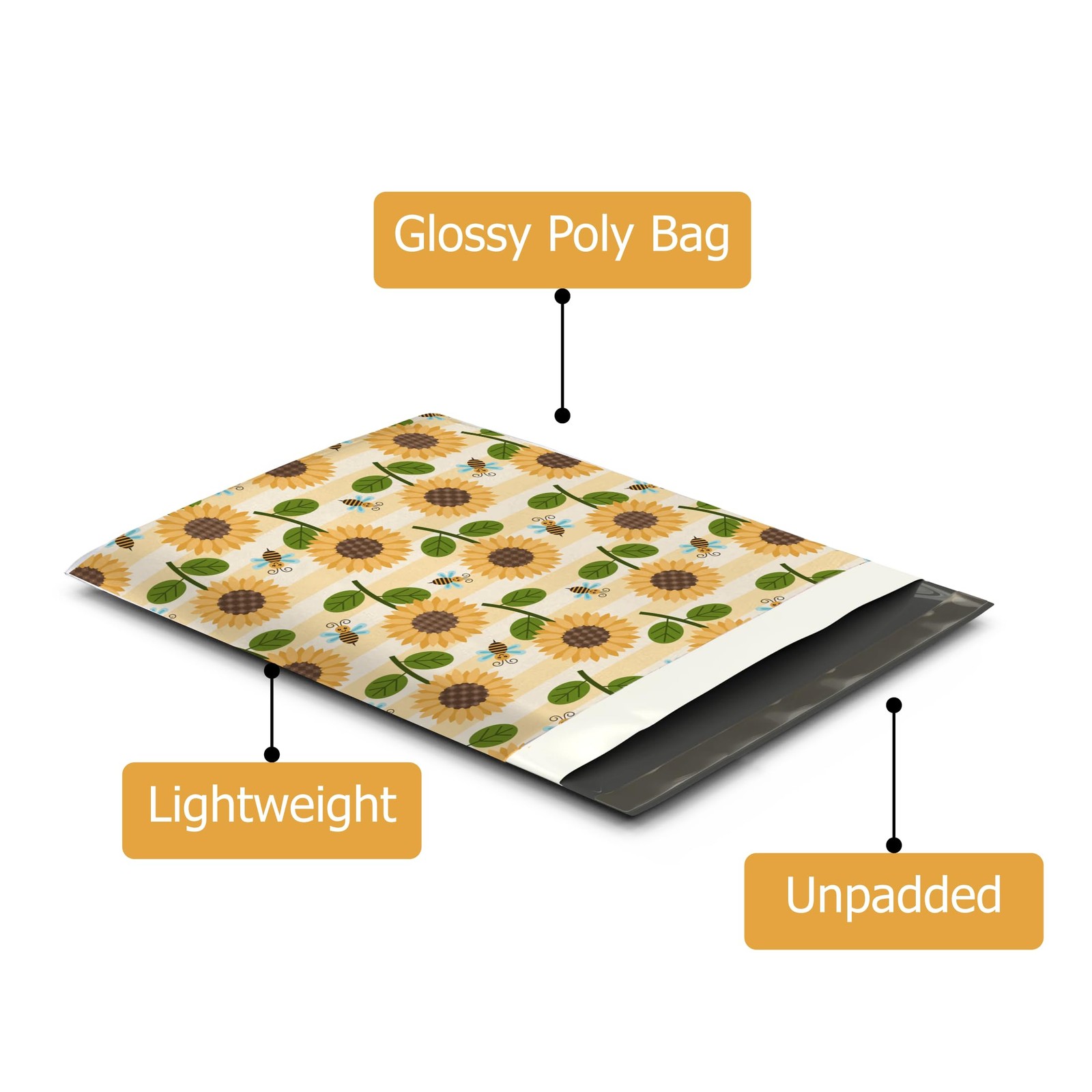 12×15 (50) Sunflowers & Bees Designer Poly Mailers Shipping Envelopes Premium…