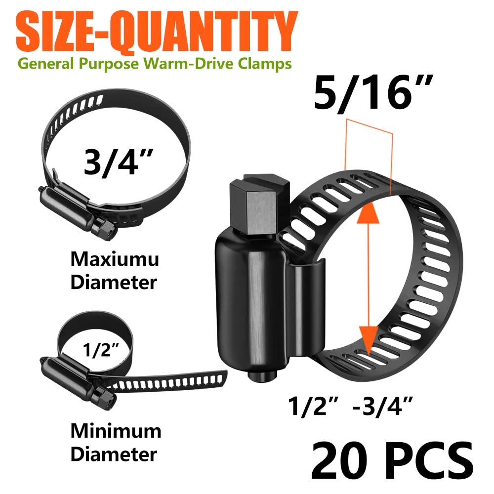 BOTTEN 20pcs Black Hose Clamp,1/2″-3/4″(13-19mm)304 Hose Clamps Stainless Ste…