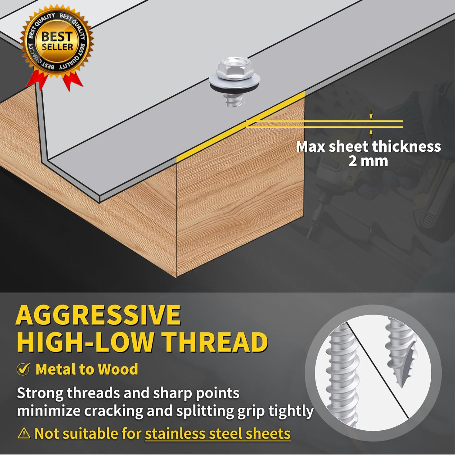 Metal Roofing Screws #10 X 1-1/2″, 300 PCS, RUSPERT Hex Head Rubber Washer Shee
