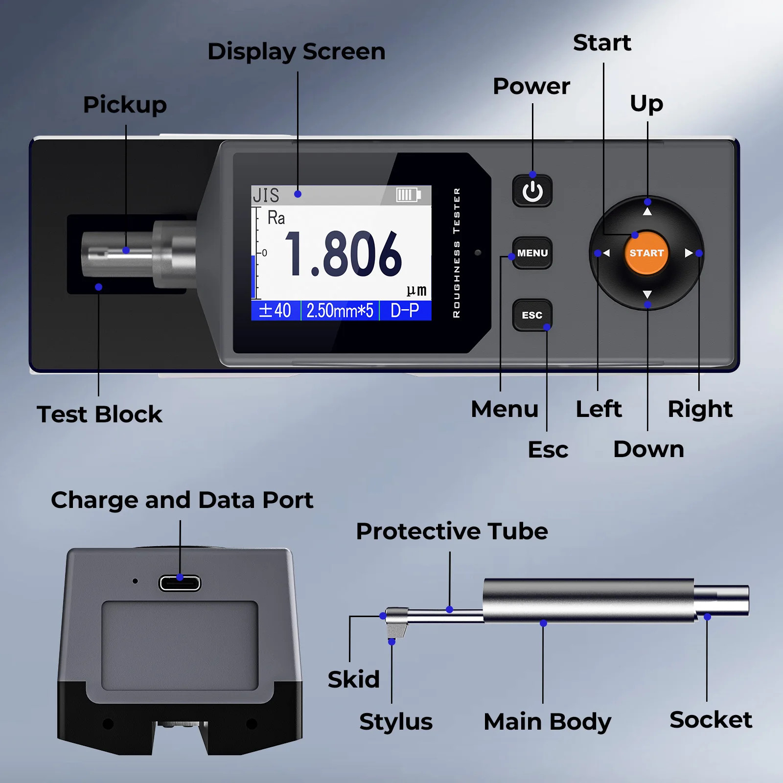 Surface Roughness Tester Roughness Measuring Ra Rz Rq and 12+ Parameters 0.001μm