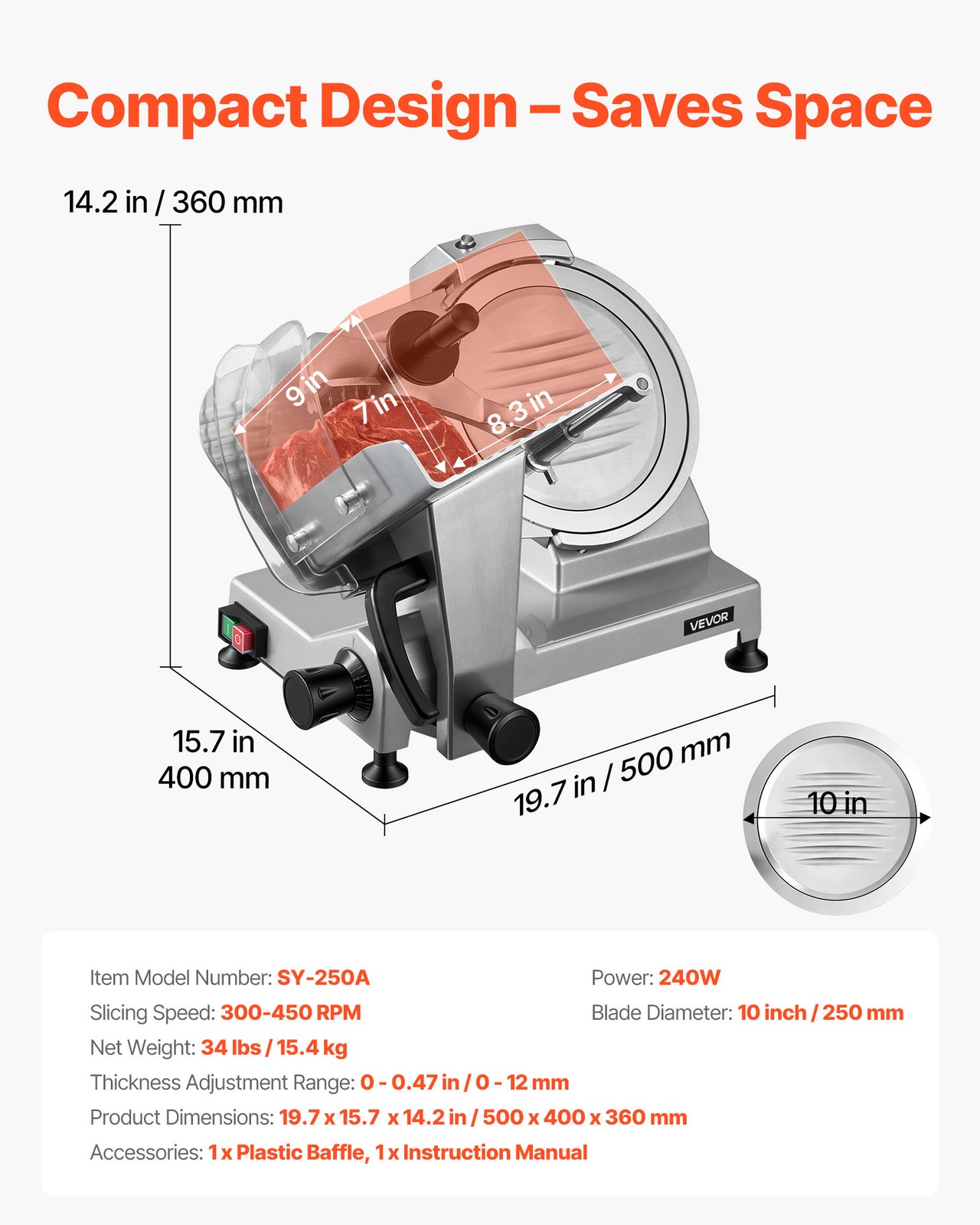 VEVOR Commercial Meat Slicer 240W Electric Deli Food Slicer with 10-inch Blade
