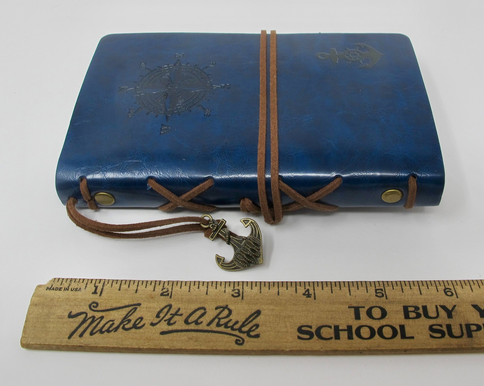 Blank Travel Journal With Dark Blue Leather Covers & Ship Charms