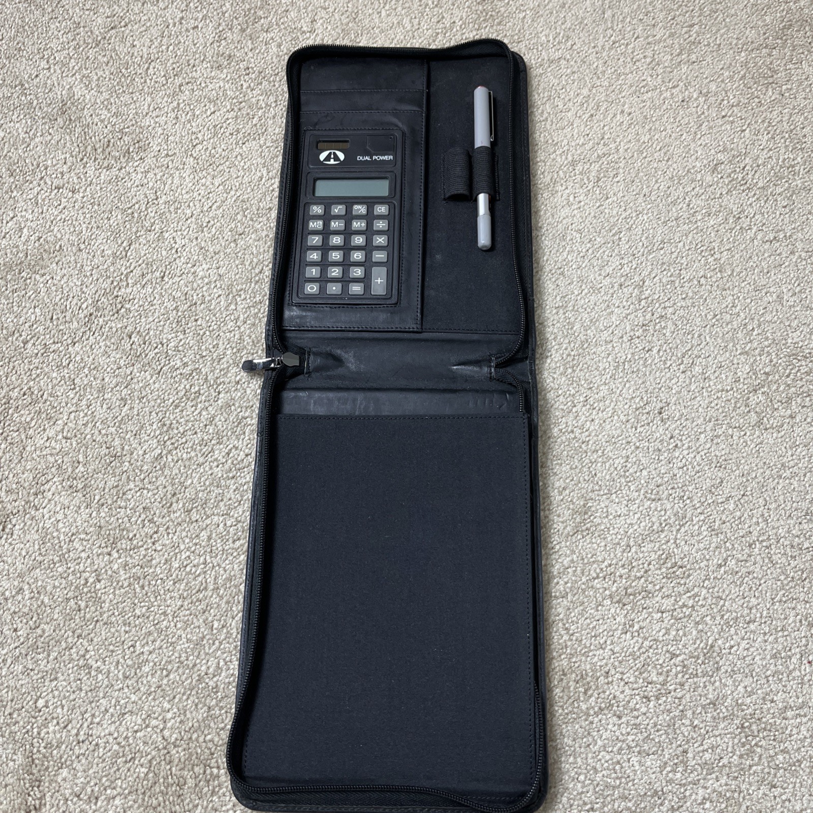 Leather Notebook Portfolio Organizer with Zipper, Calculator, Rollerball Pen