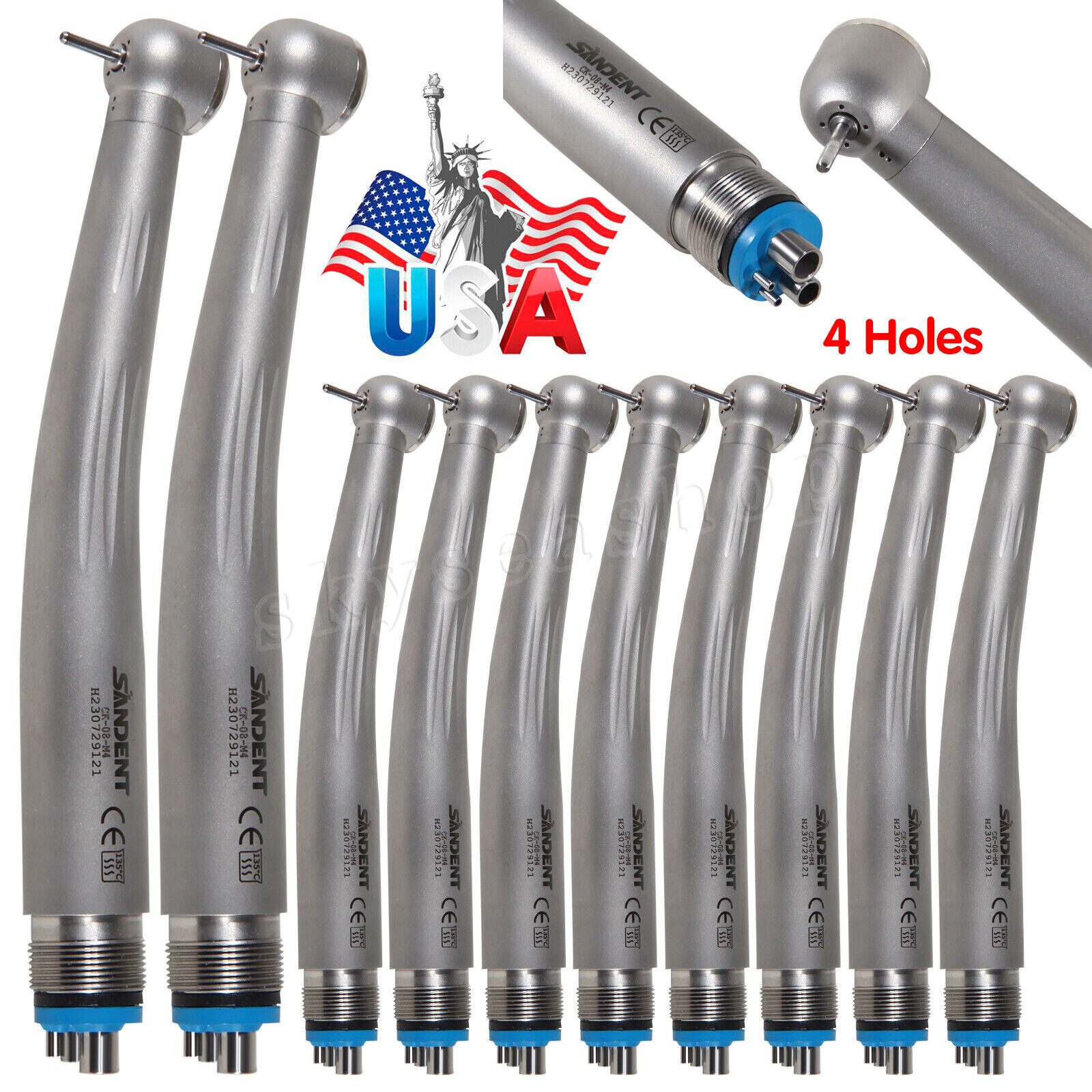 10 Dental High Speed Handpiece Ceramic Bearing Push 4 Holes Single Way Spray
