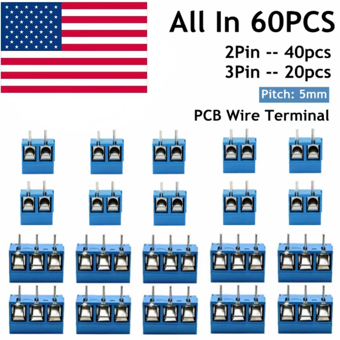 60pcs KF301-2/3-Pin Pole PCB Mount Screw Terminal Block Kit 5mm Pitch