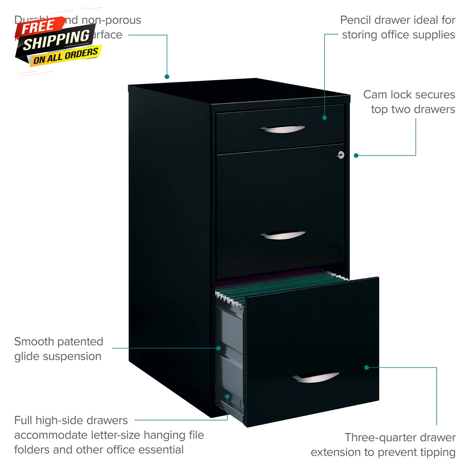 3 Drawer Letter Width Vertical File Cabinet with Pencil Drawer, Black 💪👌