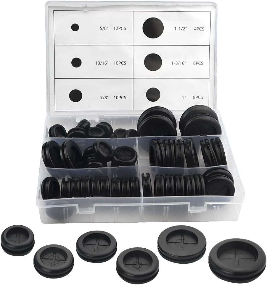 52Pcs 6 Sizes Closed Rubber Grommet Kit Double Sided Electrical Wire Gasket Soli