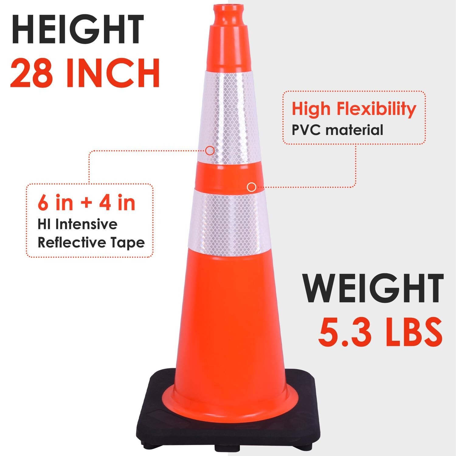 Orancl 12 – 36InchFlexible Black Base PVC Traffic Cone with Reflective Collar