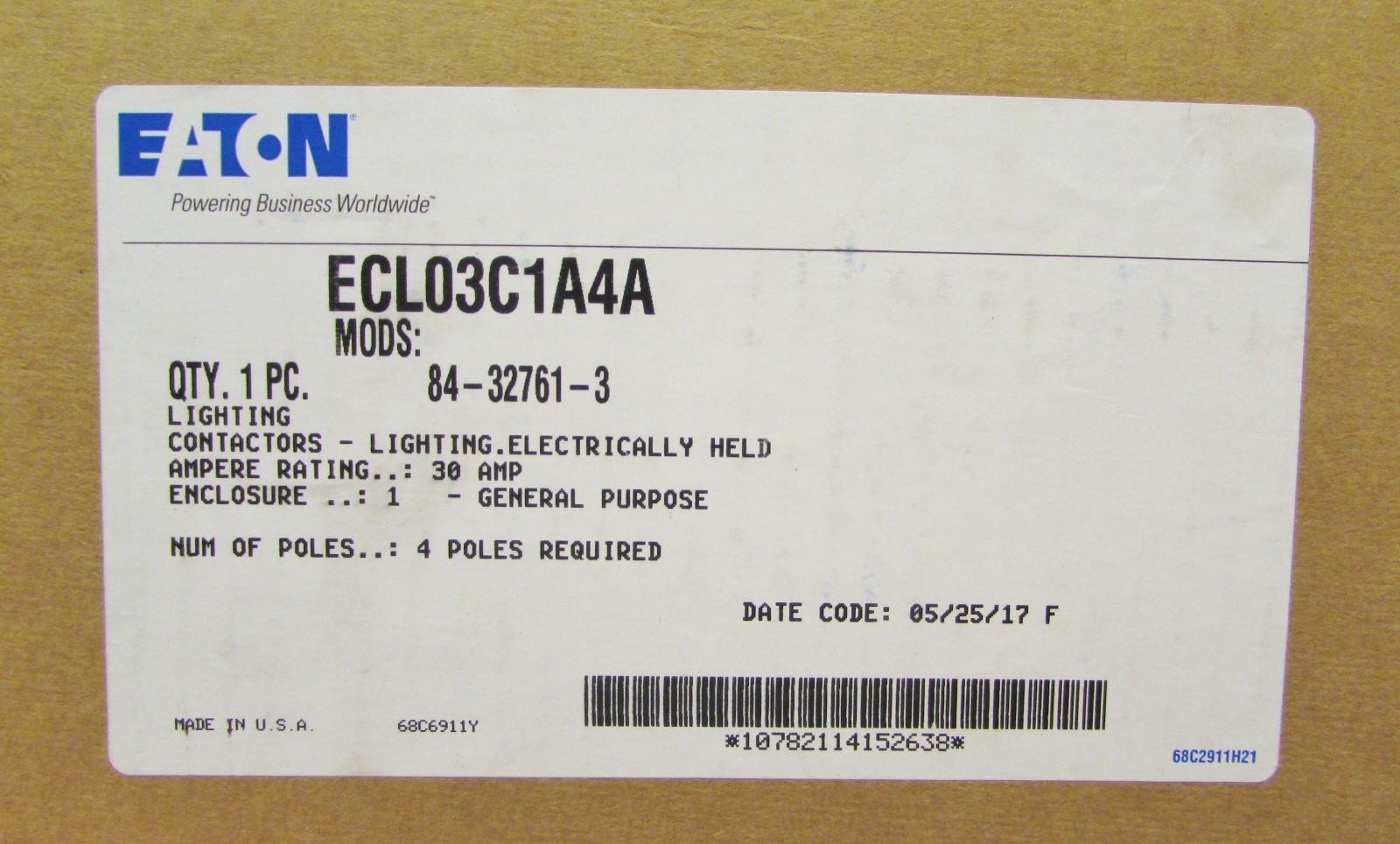 EATON CUTLER HAMMER ECL03C1A4A Electrically Held Lighting Contactor 84 32761 3